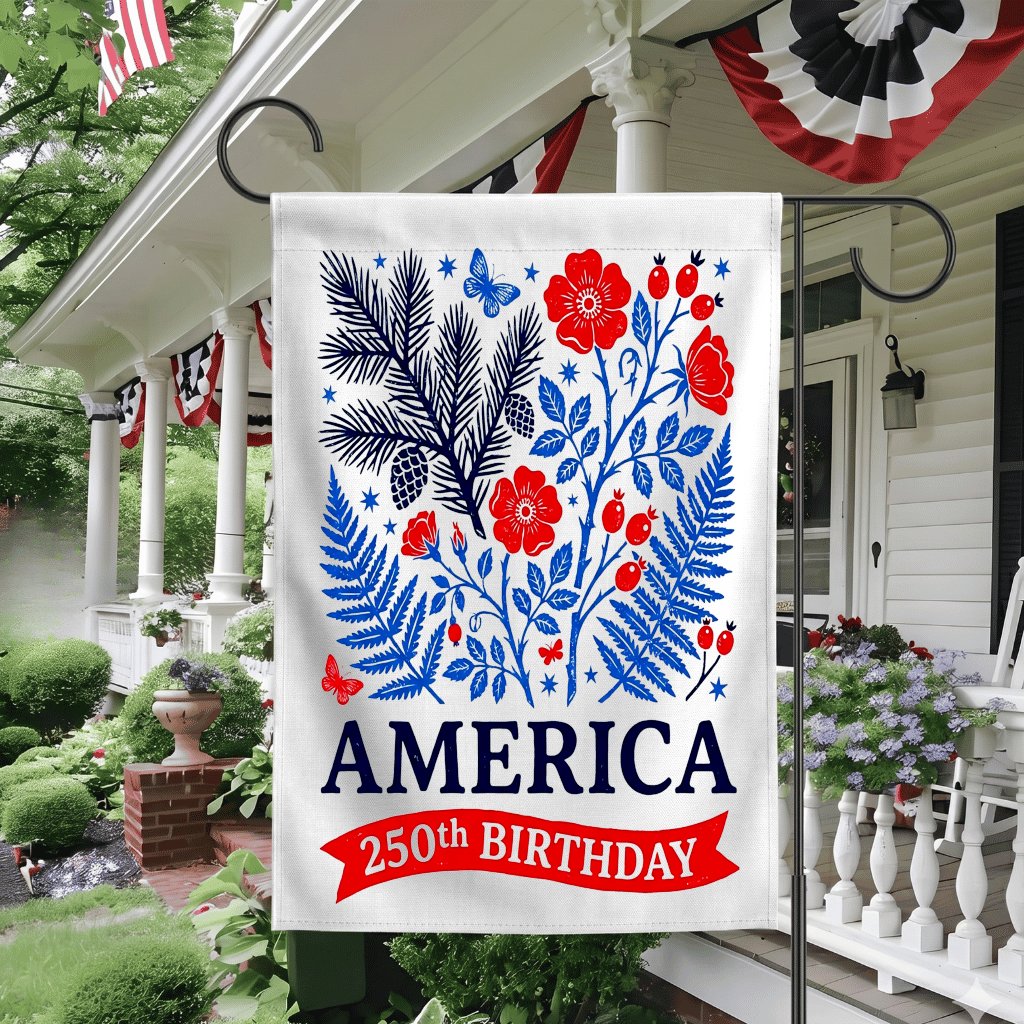 Red White Blue Floral 250th America Birthday Patriotic Flag - Independence Gift for Her - detail view