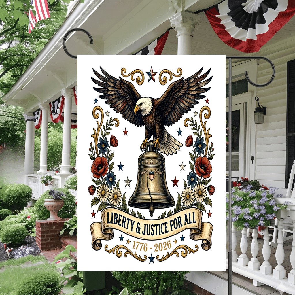 Liberty and Justice for All 1776 2026 USA Patriotic Eagle Flag - 250th USA Anniversary Garden Flag Gift - detail view