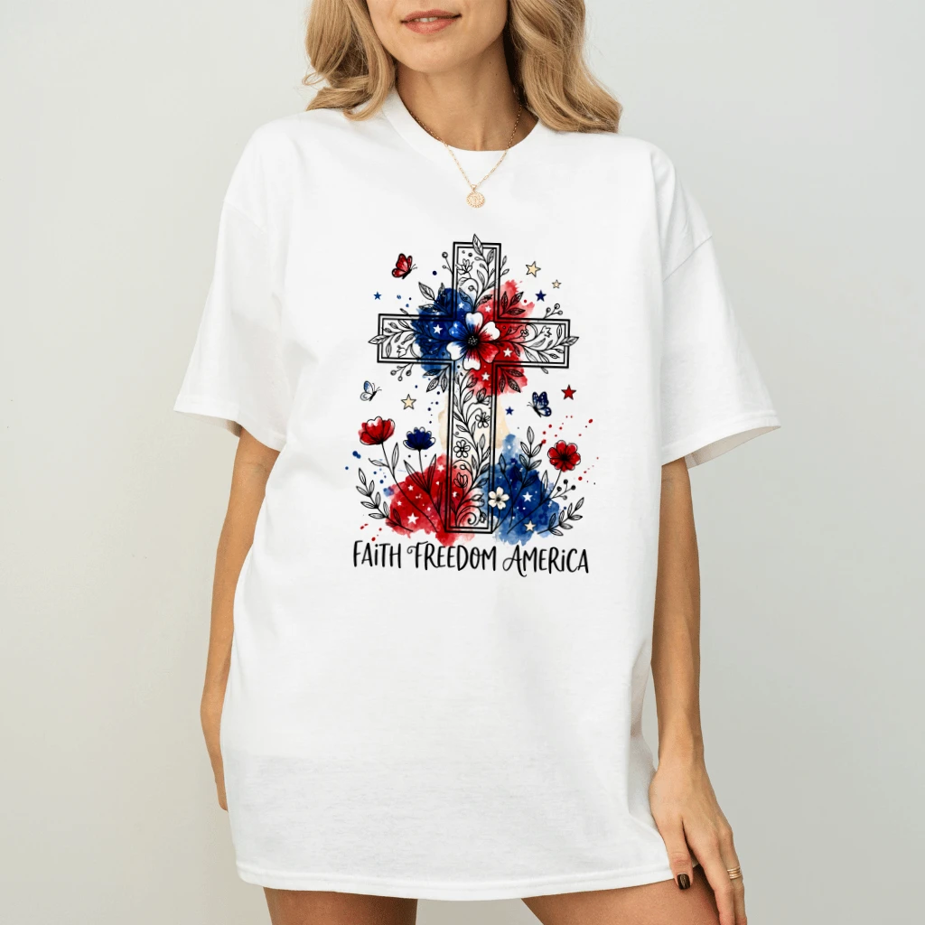 Floral Faith Freedom America T-Shirt - Christian USA Patriotic Gift for Her - back view