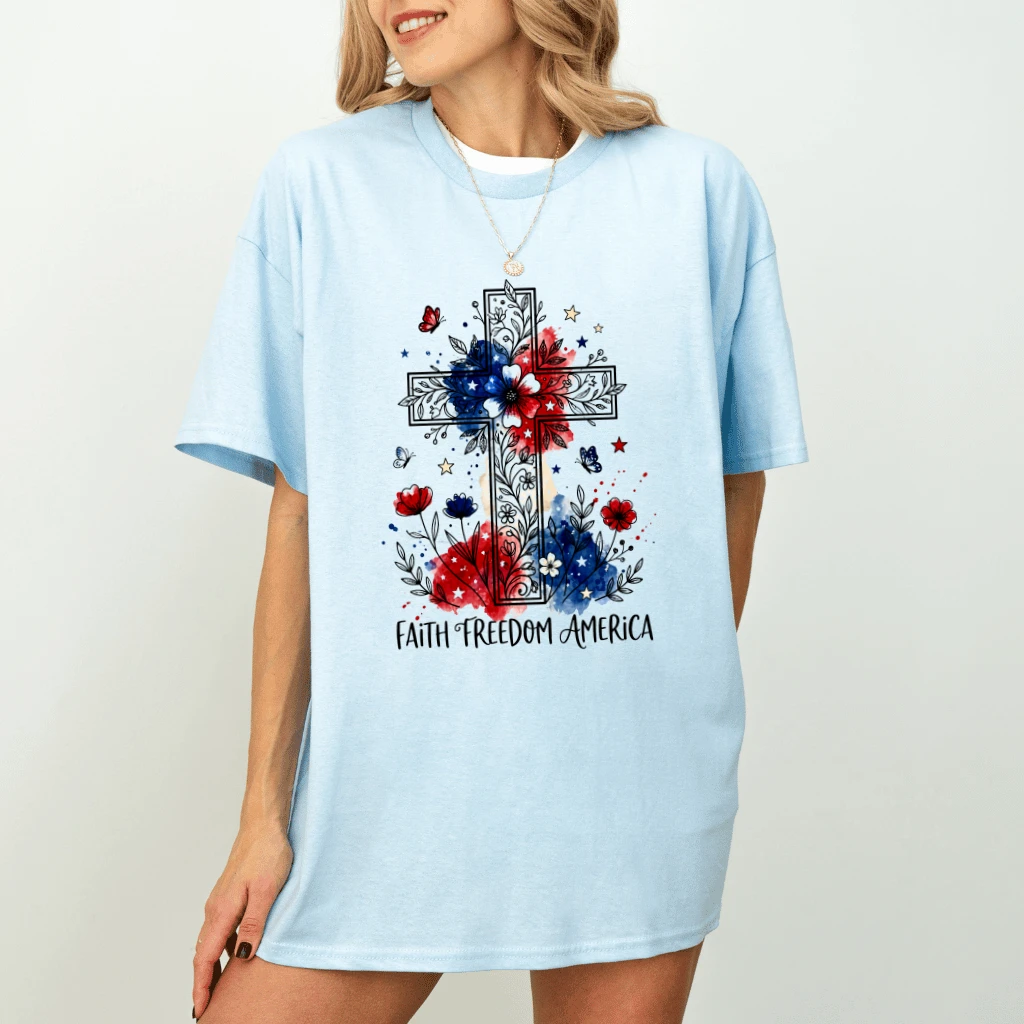 Floral Faith Freedom America T-Shirt - Christian USA Patriotic Gift for Her - detail view