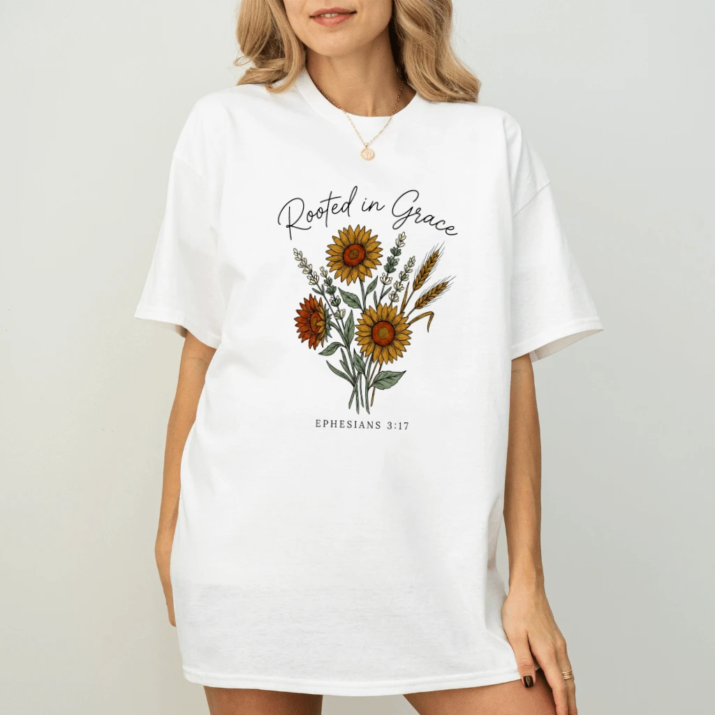 Rooted In Grace Sunflowers Christian T-Shirt - Jesus Bible Verse Gift for Her - back view