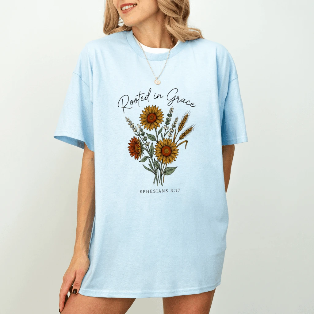 Rooted In Grace Sunflowers Christian T-Shirt - Jesus Bible Verse Gift for Her - detail view