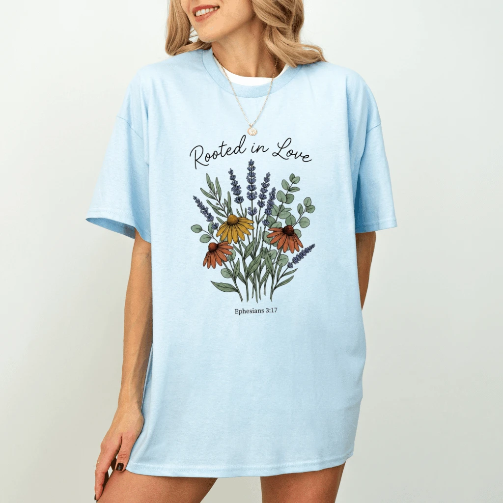 Rooted In Love Floral Christian T-Shirt for women - Jesus Faith Gift for Her - detail view