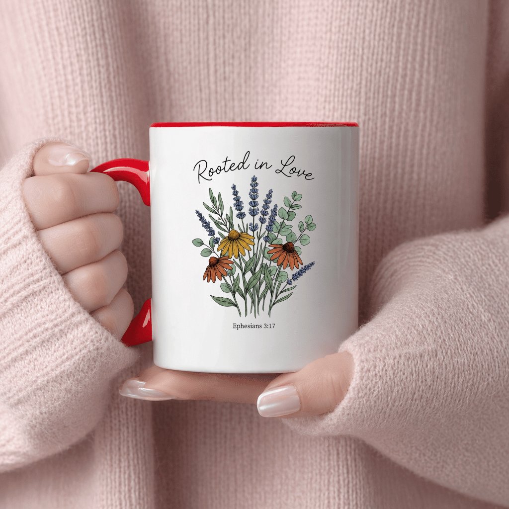 Rooted In Love Floral Christian Accent Mug - Jesus Faith Gift for Her - back view