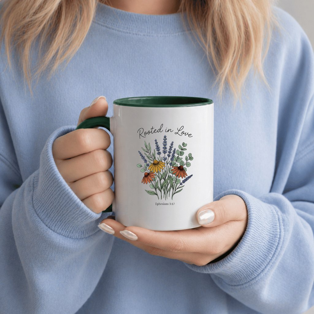 Rooted In Love Floral Christian Accent Mug - Jesus Faith Gift for Her - detail view