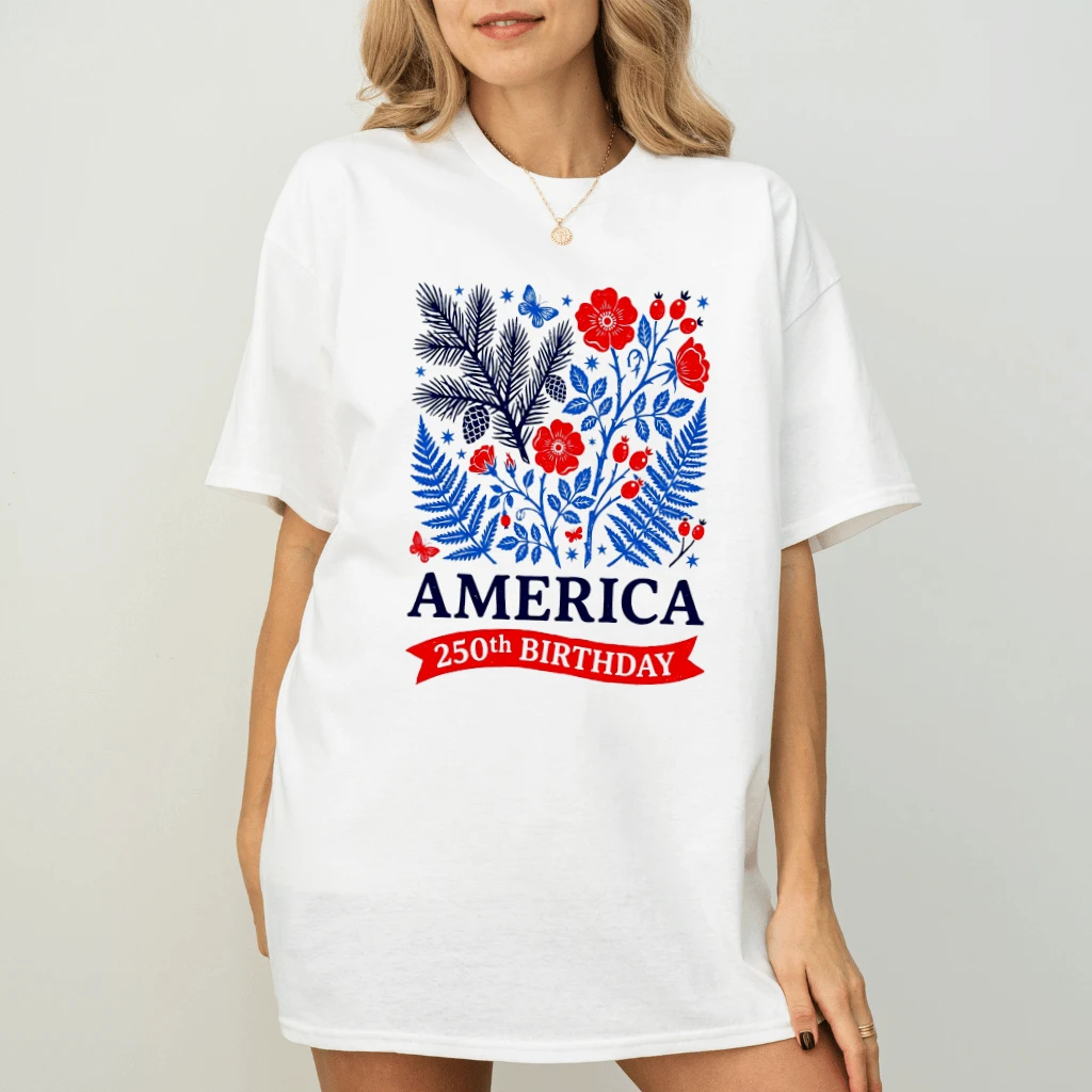 Floral 250th America Birthday Patriotic T-Shirt - Independence Gift for Her - back view