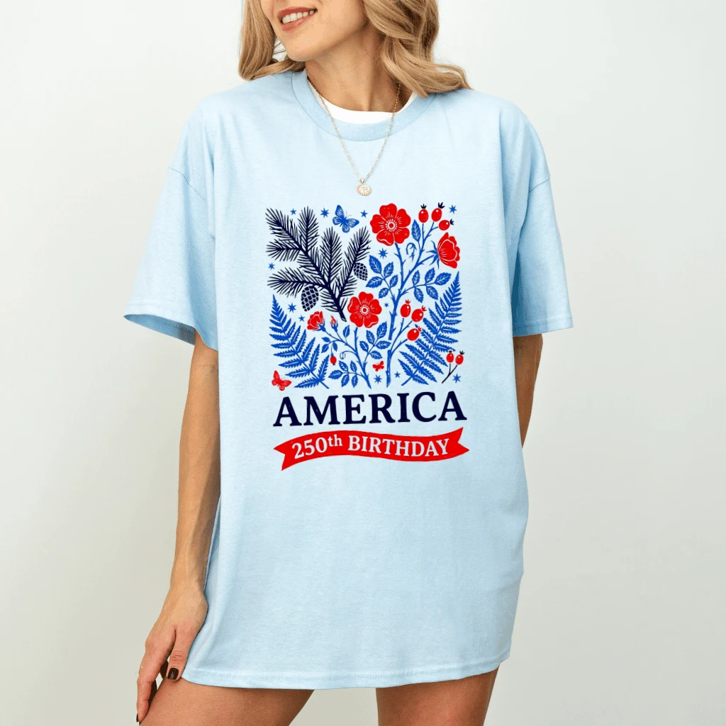 Floral 250th America Birthday Patriotic T-Shirt - Independence Gift for Her - detail view