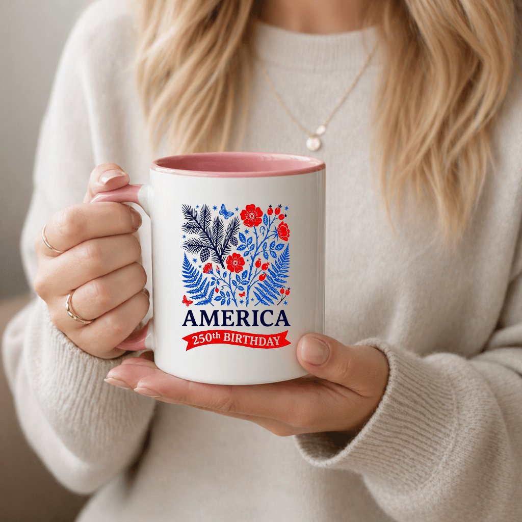 Red White Blue Floral 250th America Birthday Accent Mug - Independence Gift for Her - back view