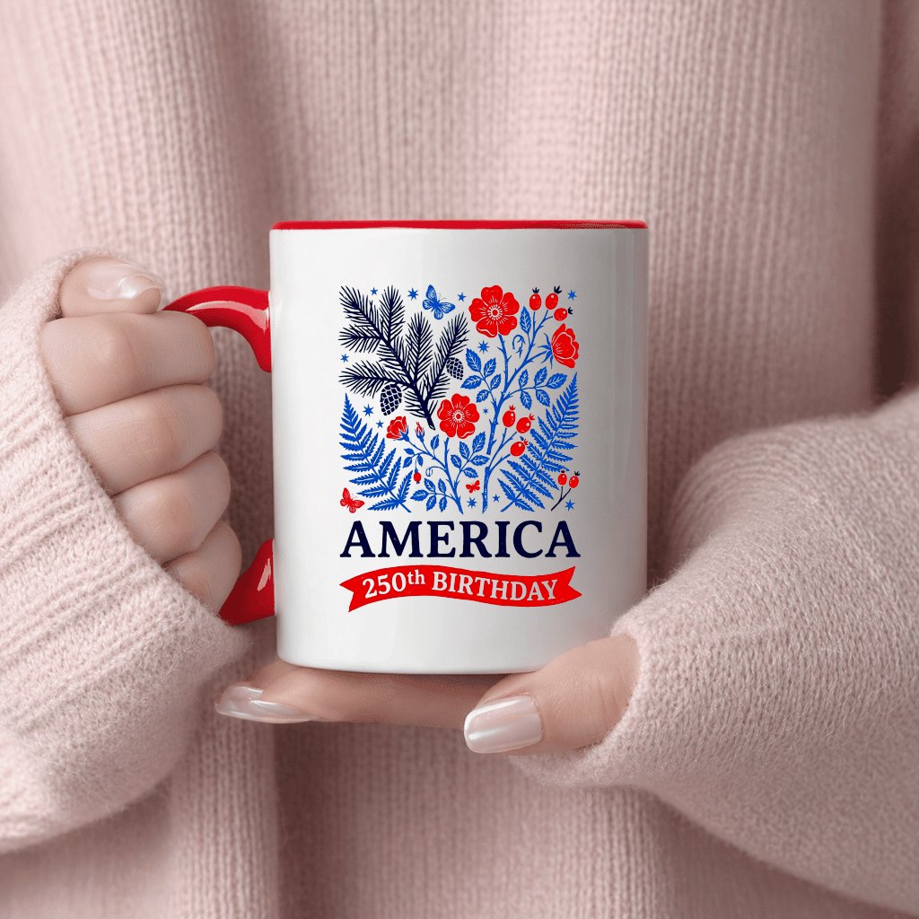 Red White Blue Floral 250th America Birthday Accent Mug - Independence Gift for Her - detail view