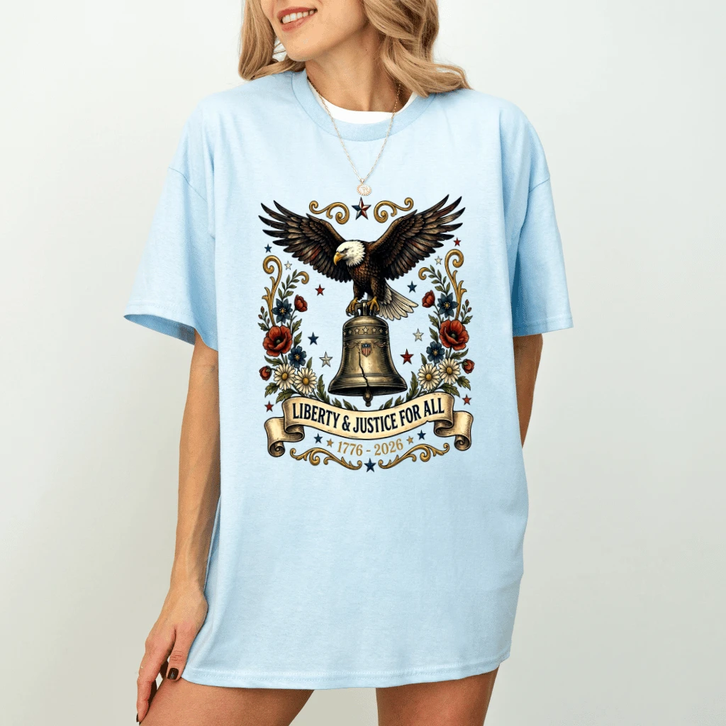 Liberty & Justice 1776 2026 USA Patriotic Eagle T-Shirt - 250th Anniversary Gift for Him - detail view