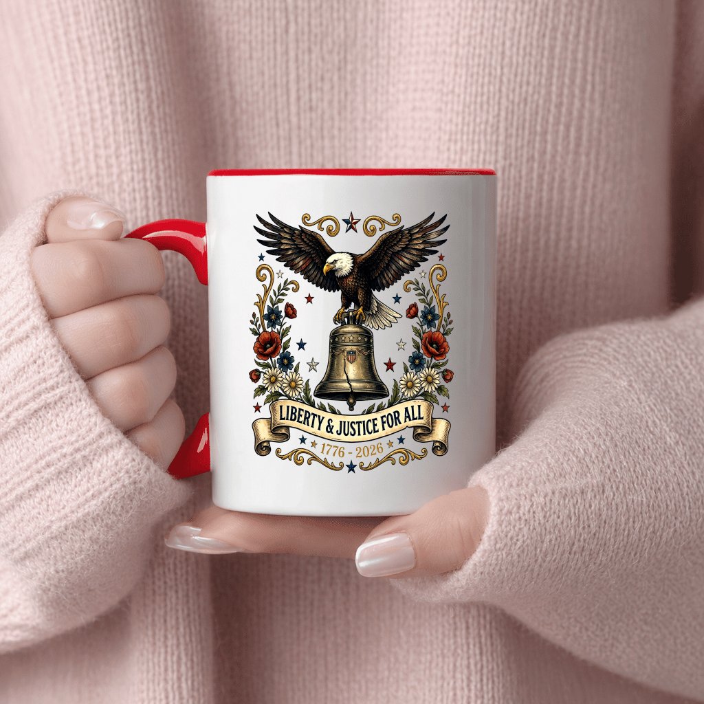 Liberty & Justice 1776 2026 USA Patriotic Eagle Accent Mug - 250th Anniversary Gift for Her - detail view