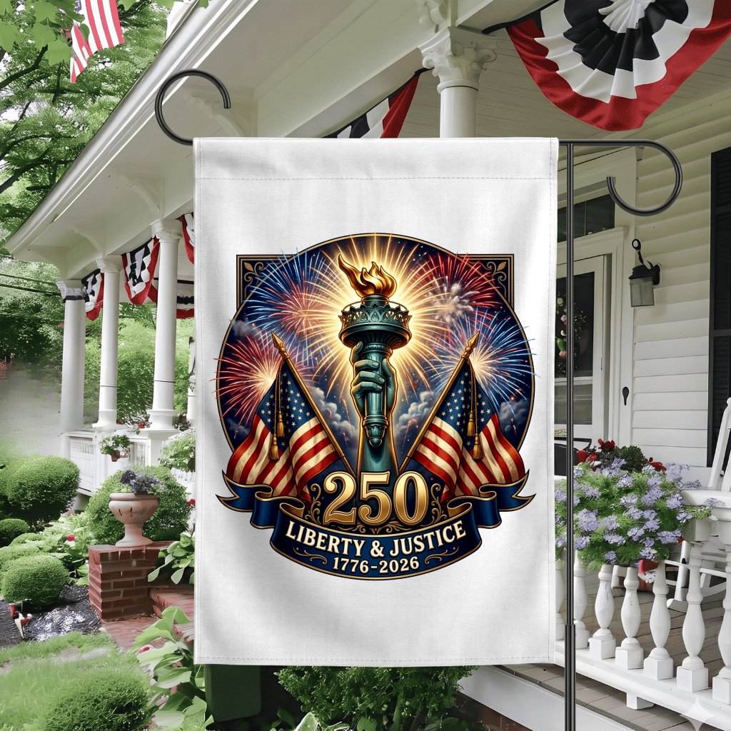 Liberty & Justice USA 250th Anniversary Garden Flag - Independence Day Gift for Her - detail view