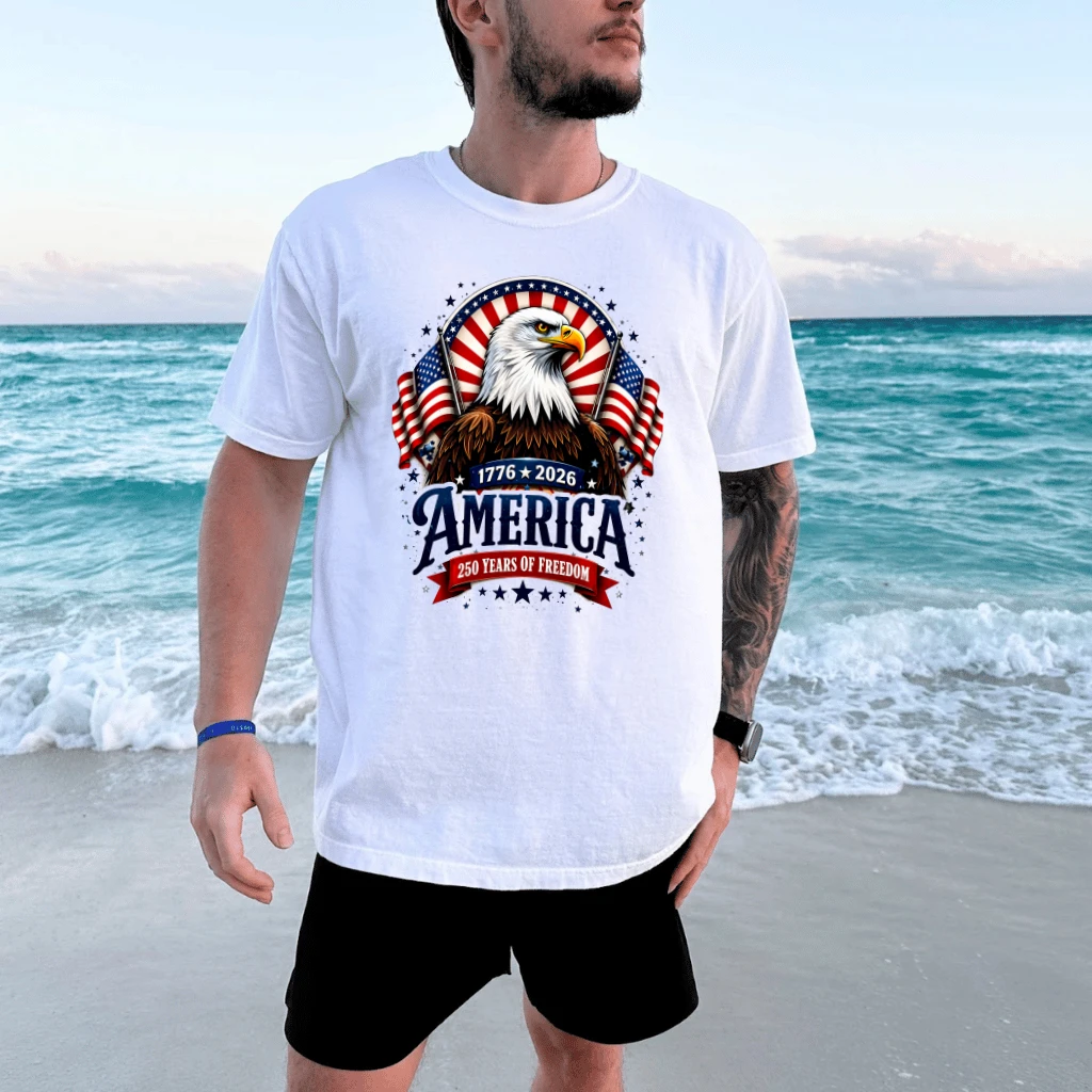 Patriotic Eagle America 250 Years of Freedom T-Shirt - USA Independence Day Gift for Him - detail view