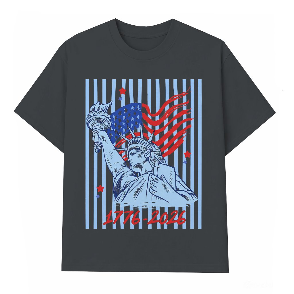 Blue Striped 1776 2026 Statue of Liberty T-Shirt - 4th of July Gift for Her - front view