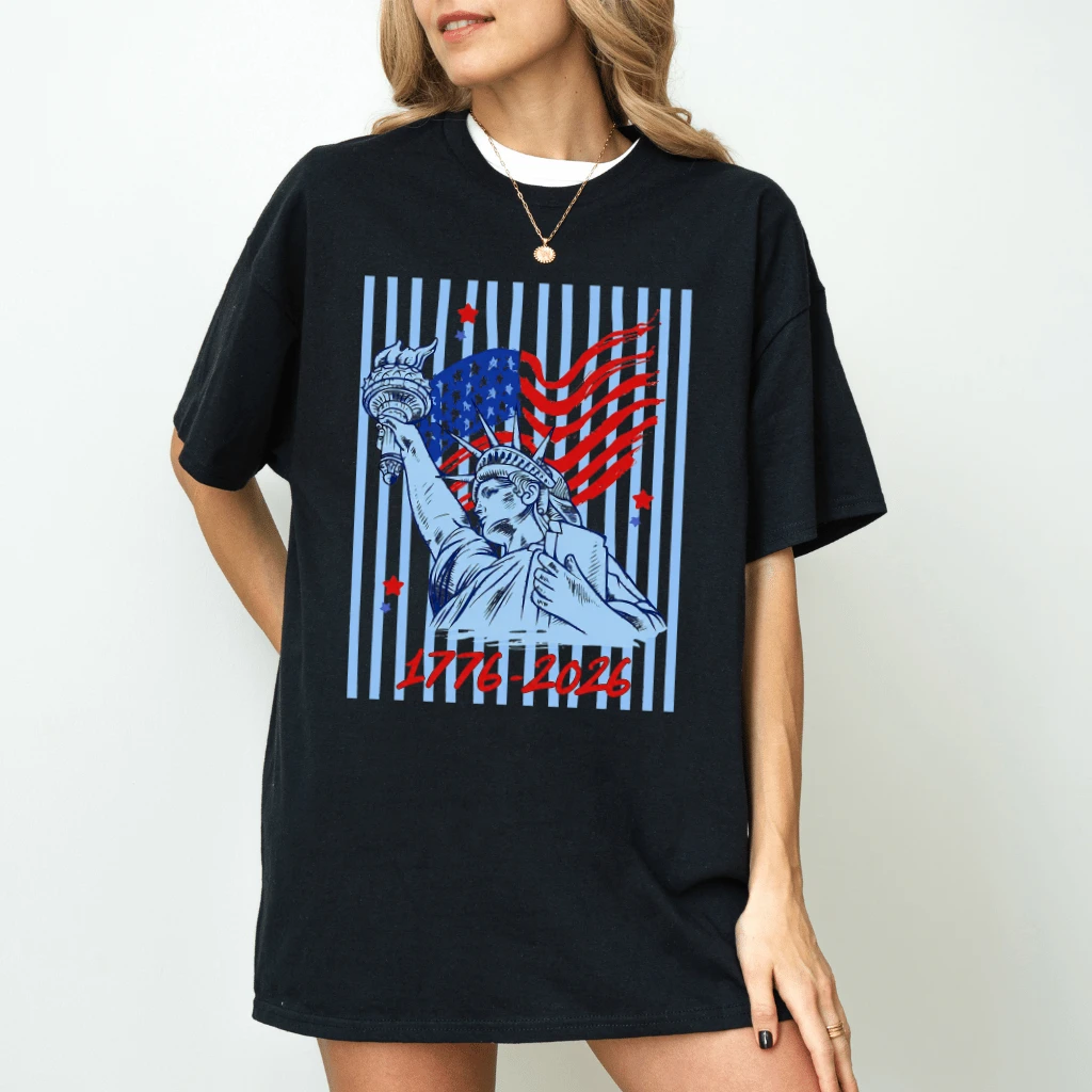 Blue Striped 1776 2026 Statue of Liberty T-Shirt - 4th of July Gift for Her - back view