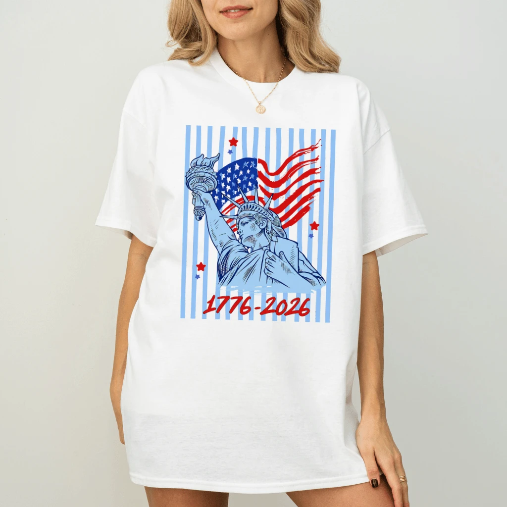 Blue Striped 1776 2026 Statue of Liberty T-Shirt - 4th of July Gift for Her - detail view