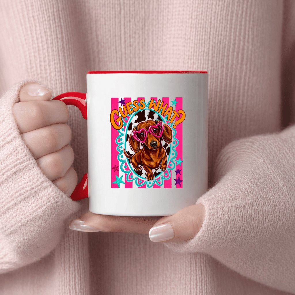 Guess What? Funny Dachshund Accent Mug - Cute Gift for Dog Lovers - detail view