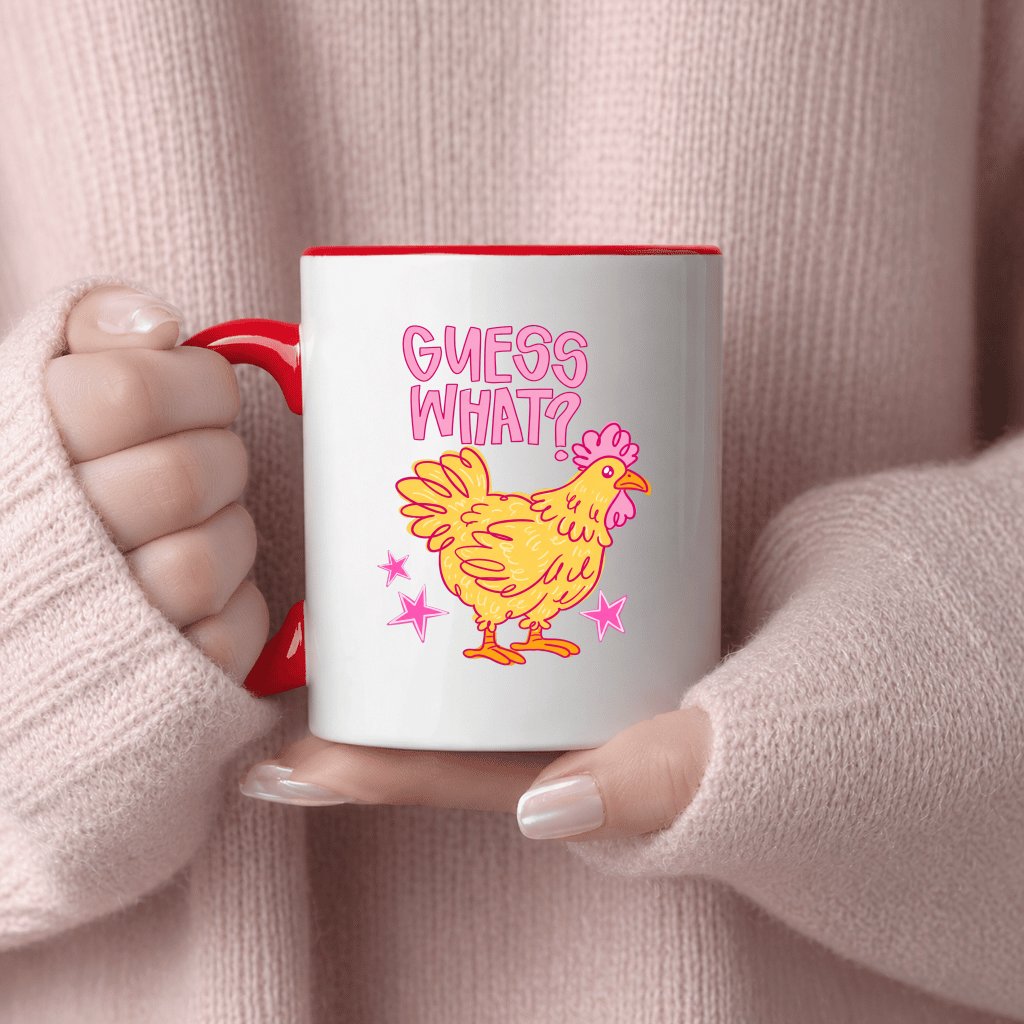 Guess What? Funny Chicken Accent Mug - Viral Meme Gift for Farm Animal Lovers - back view