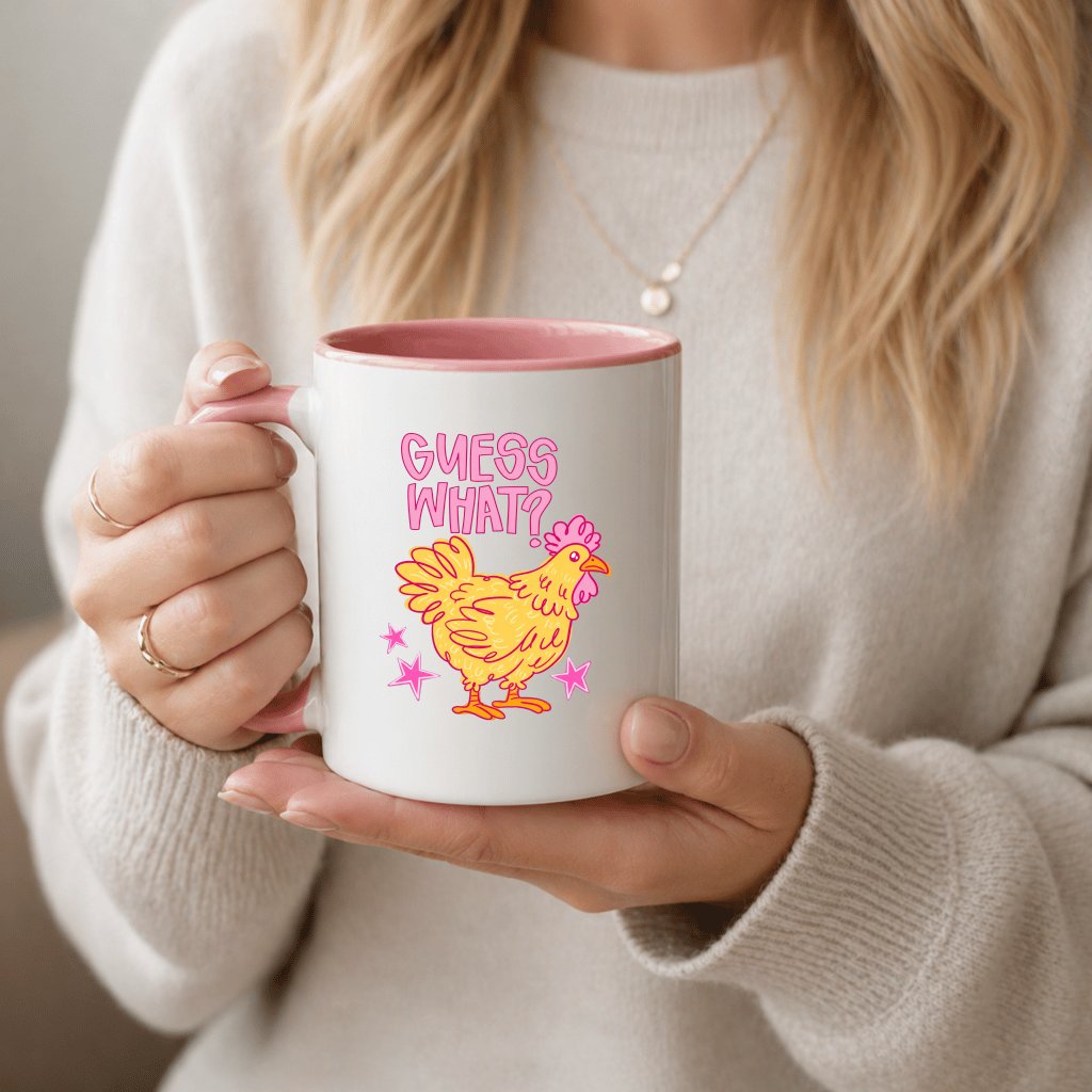 Guess What? Funny Chicken Accent Mug - Viral Meme Gift for Farm Animal Lovers - detail view