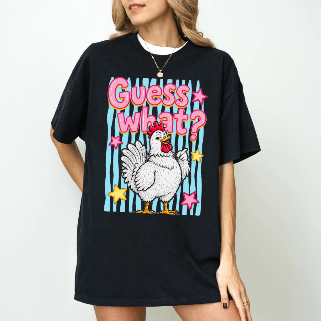 Summer Stripes Guess What? Funny Chicken T-Shirt - Gift for Farm Animal Lovers - detail view