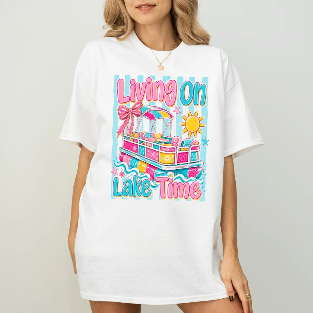 Living On Lake Time Striped Coastal Summer T-Shirt - Summer Vibes Gift for Her - back view