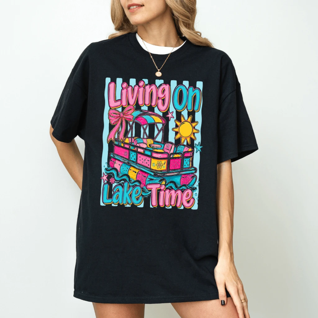 Living On Lake Time Striped Coastal Summer T-Shirt - Summer Vibes Gift for Her - detail view