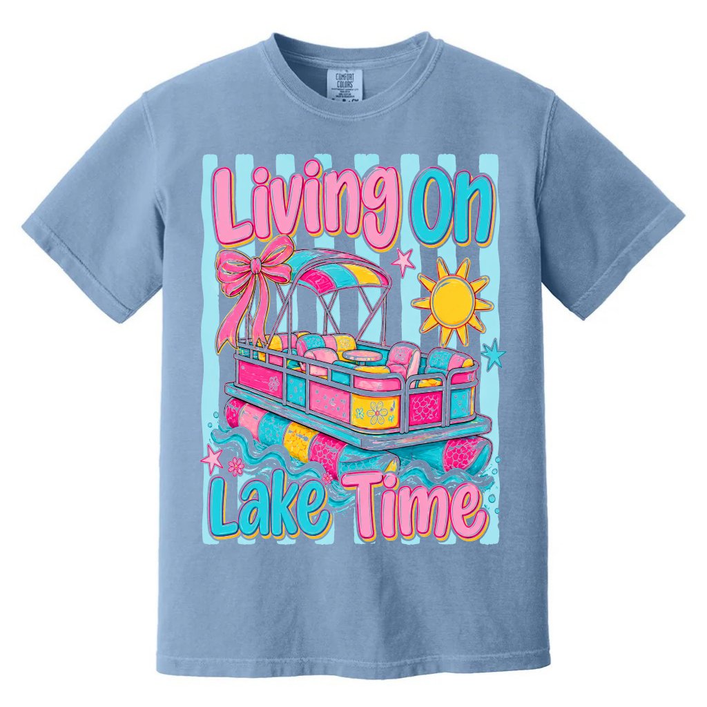 Comfort Colors Living On Lake Time Striped Coastal Summer Shirt - Summer Vibes Gift for Her - front view
