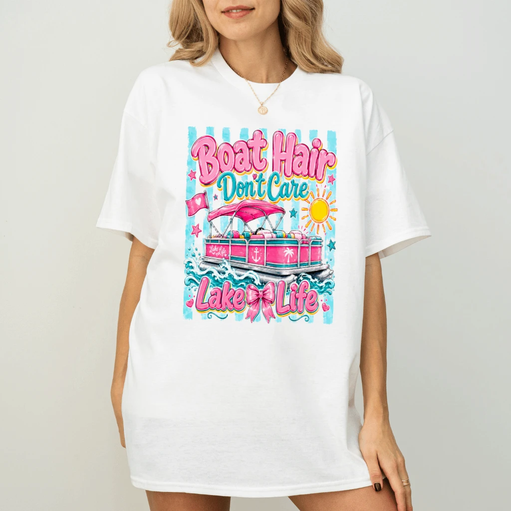 Lake Life Boat Trip T-Shirt - Cute Summer Vacation Gift for Her - detail view