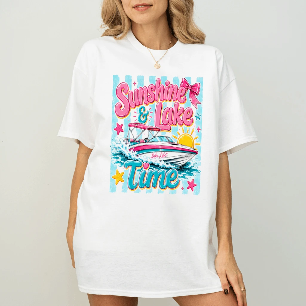 Sunshine & Lake Time Funny Boat Trip T-Shirt - Summer Vacation Gift for Her - back view