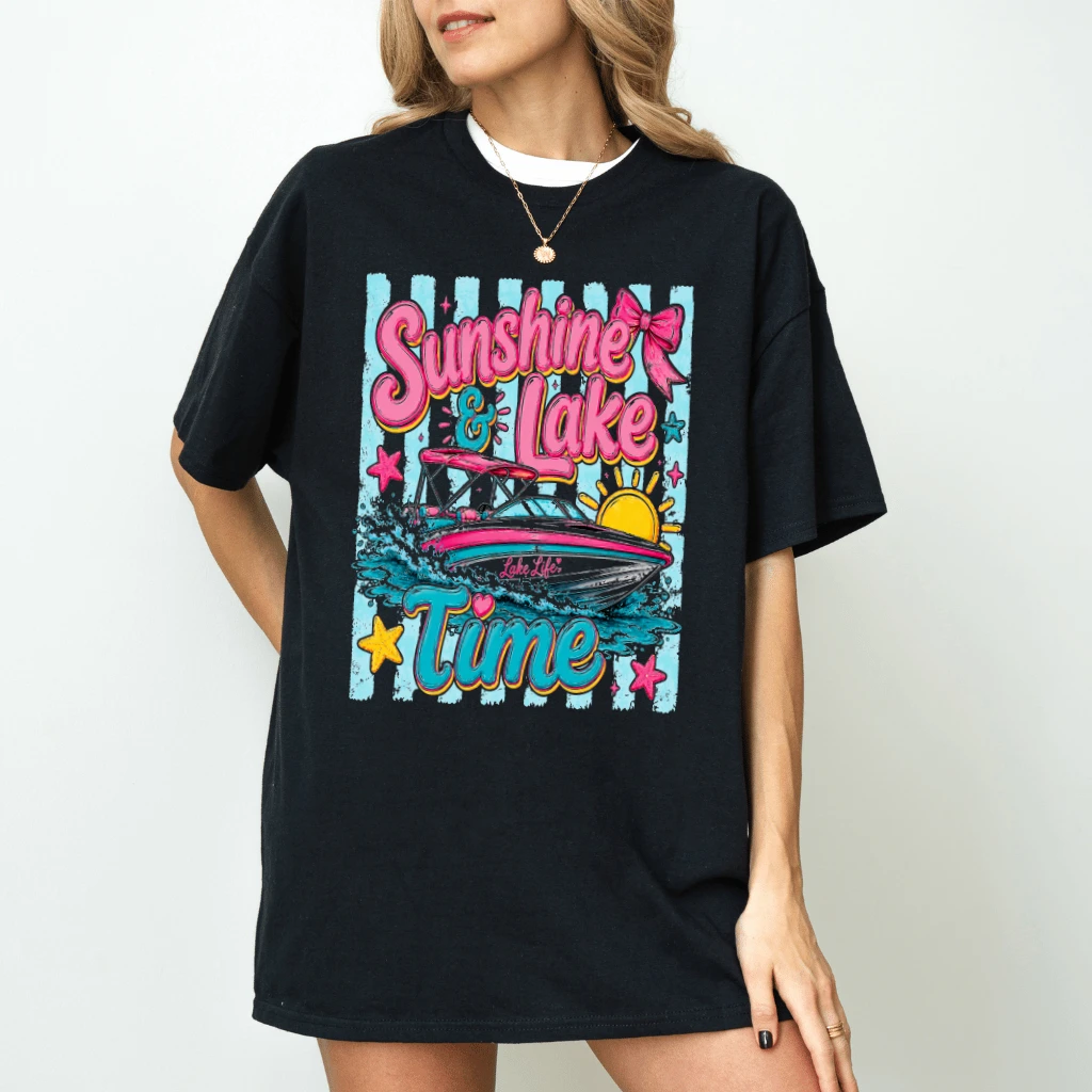Sunshine & Lake Time Funny Boat Trip T-Shirt - Summer Vacation Gift for Her - detail view