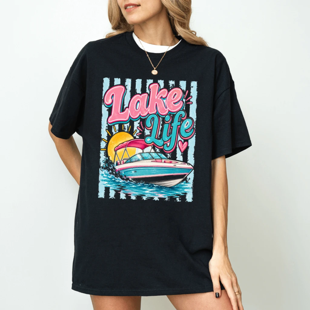 Vintage Lake Life Boat Trip T-Shirt - Funny Summer Vibes Gift for Her - back view