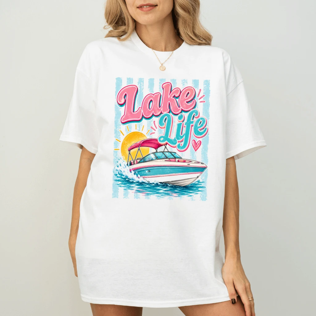 Vintage Lake Life Boat Trip T-Shirt - Funny Summer Vibes Gift for Her - detail view