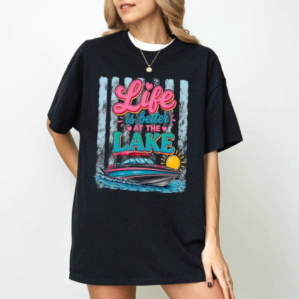 Life Is Better At The Lake Funny Boat Trip T-Shirt - Summer Vibes Gift for Her - detail view