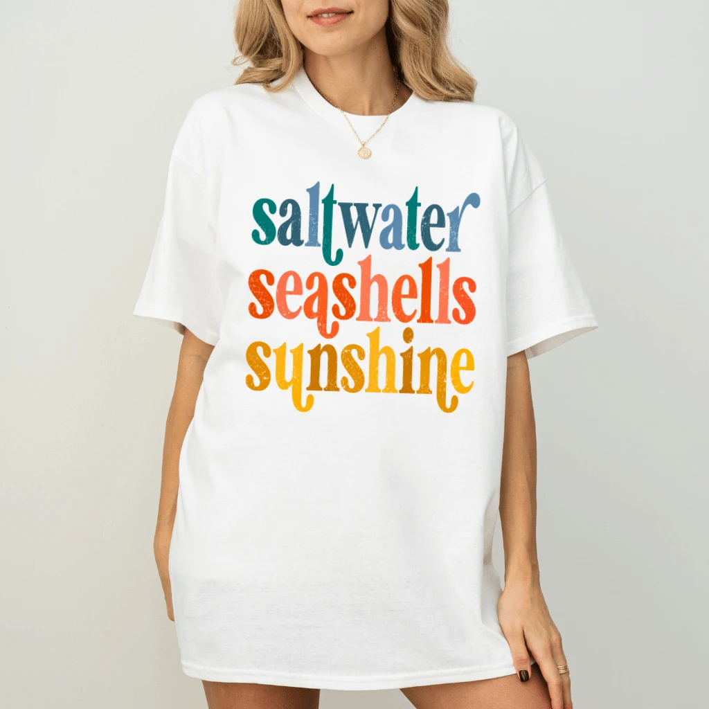 Retro Saltwater Seashells Sunshine T-Shirt - Beach Vibes Gift for Her - back view