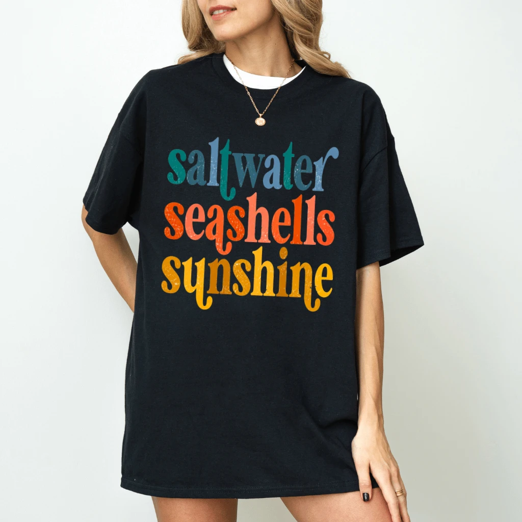 Retro Saltwater Seashells Sunshine T-Shirt - Beach Vibes Gift for Her - detail view