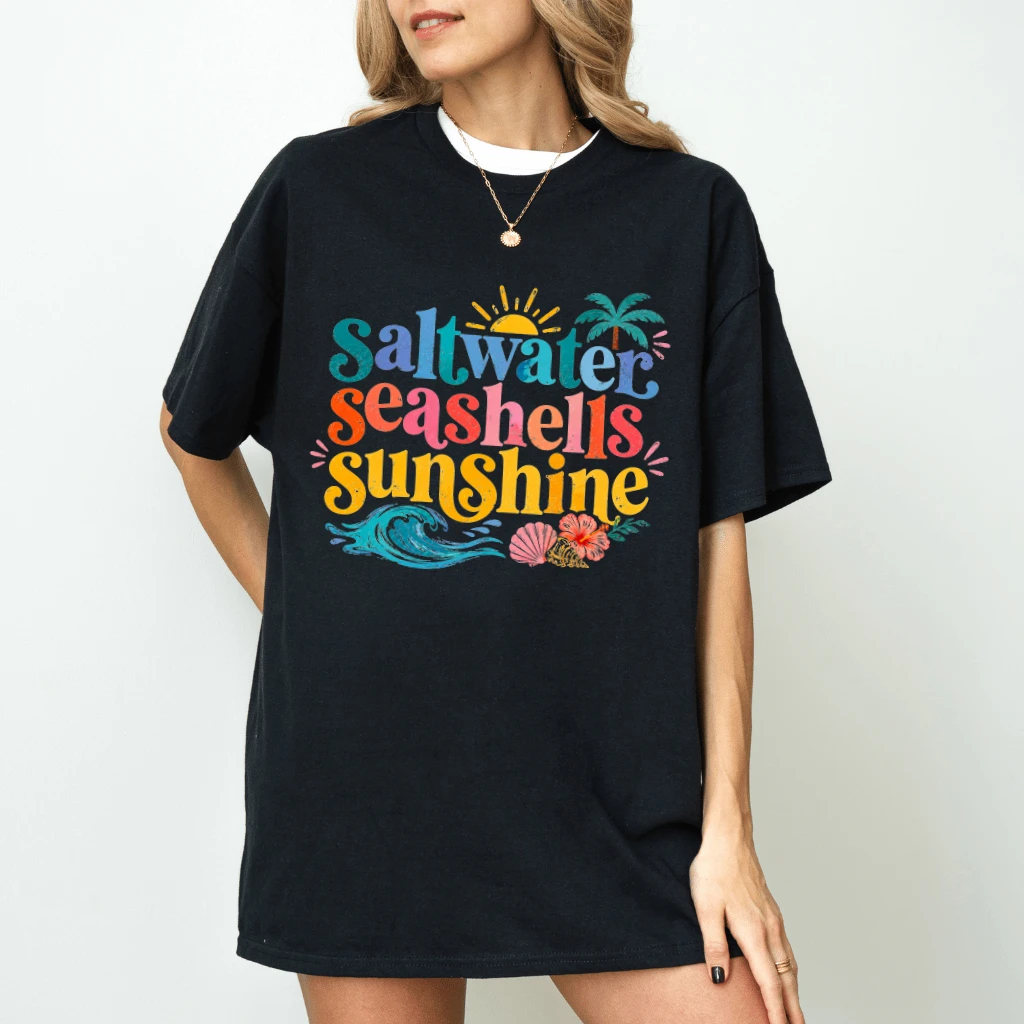 Saltwater Seashells Sunshine T-Shirt - Summer Vibes Gift for Her - back view