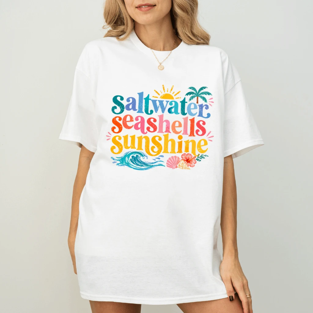 Saltwater Seashells Sunshine T-Shirt - Summer Vibes Gift for Her - detail view
