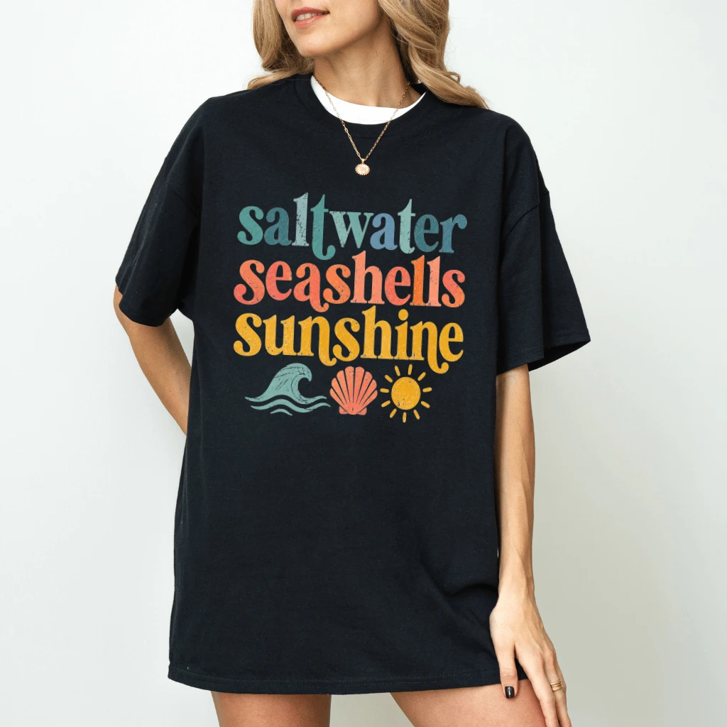 Vintage Saltwater Seashells Sunshine T-Shirt - Summer Gift for Her - detail view