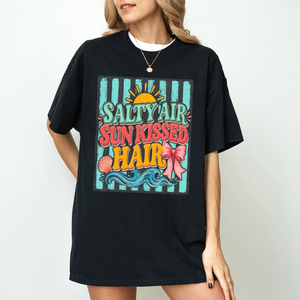 Vintage Salty Air Sun Kissed Hair Beach Holiday T-Shirt - Summer Gift for Her - detail view