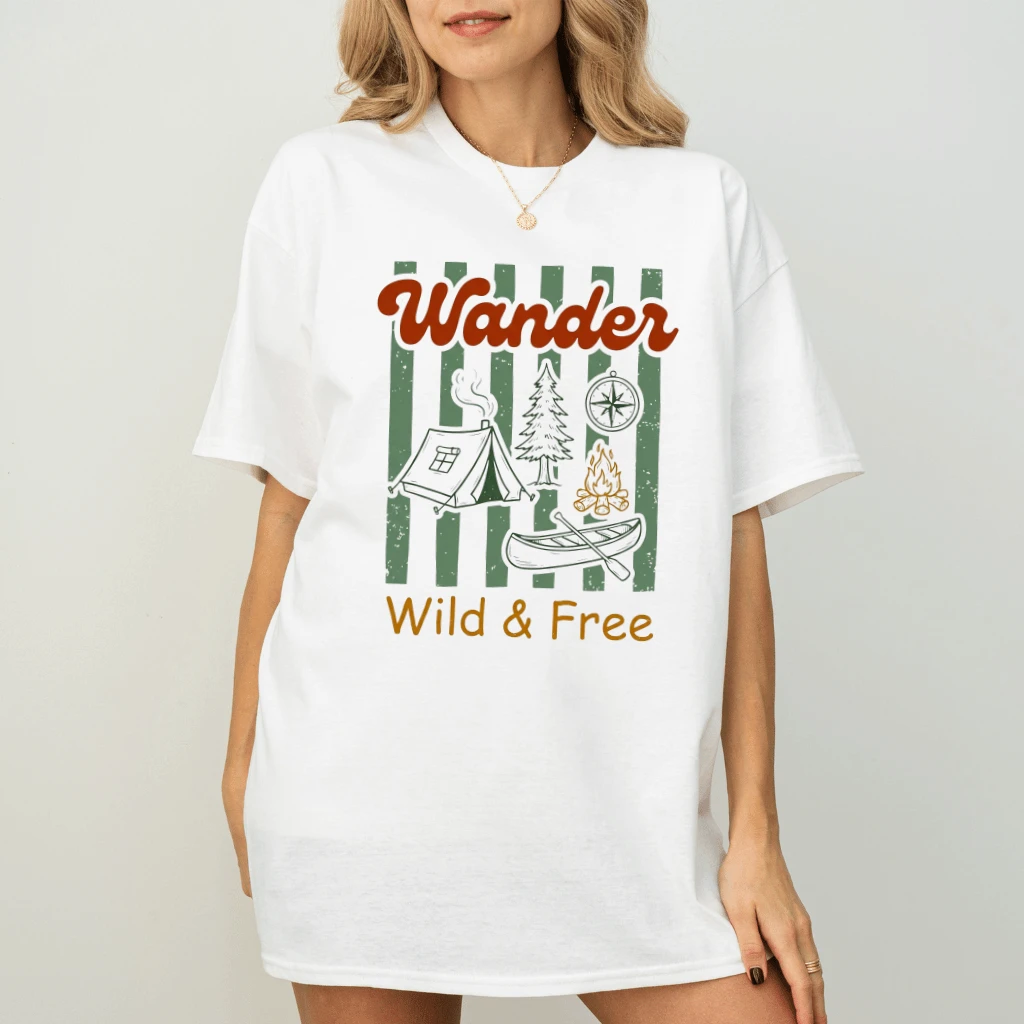 Retro Wander Wild & Free Camping T-Shirt - Mountain Adventure Gift for Him & Her - back view