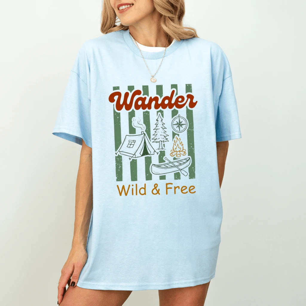 Retro Wander Wild & Free Camping T-Shirt - Mountain Adventure Gift for Him & Her - detail view