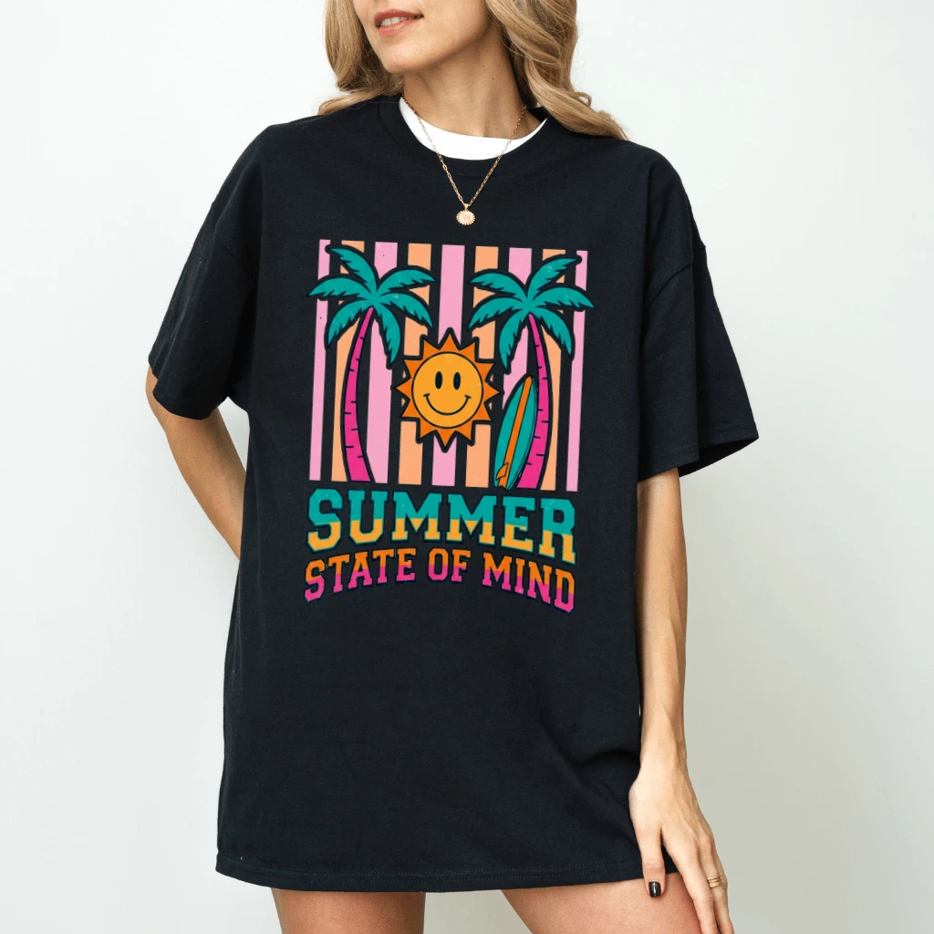 Retro Striped Summer State of Mind Palm Sunset T-Shirt - Summer Vibes Gift for Her - back view