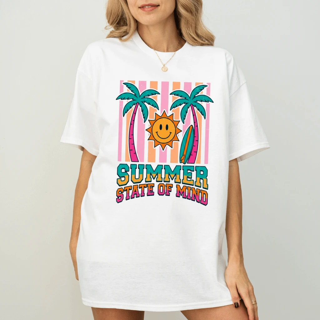 Retro Striped Summer State of Mind Palm Sunset T-Shirt - Summer Vibes Gift for Her - detail view