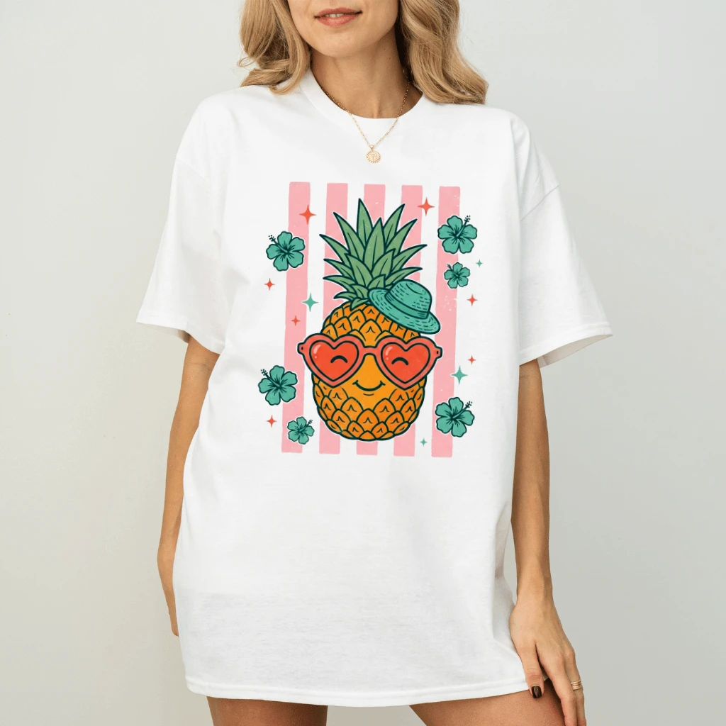 Retro Summer Stripes Pineapple T-Shirt - Cute Summer Vibes Gift for Her - back view