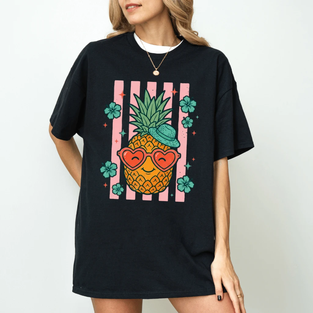 Retro Summer Stripes Pineapple T-Shirt - Cute Summer Vibes Gift for Her - detail view