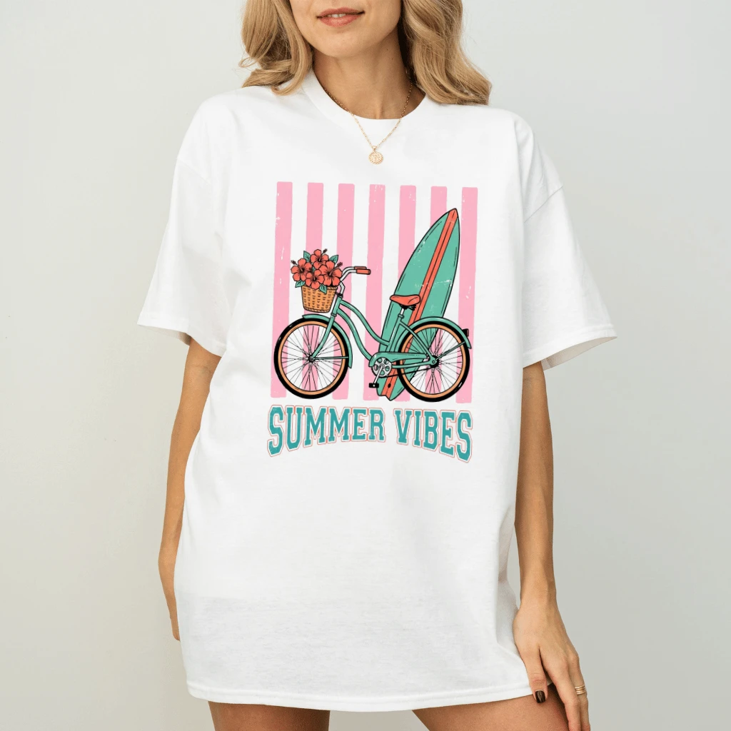 Retro Beach Cruiser Bicycle Surfboard Summer Vibes T-Shirt - Funny Summer Gift for Her - back view