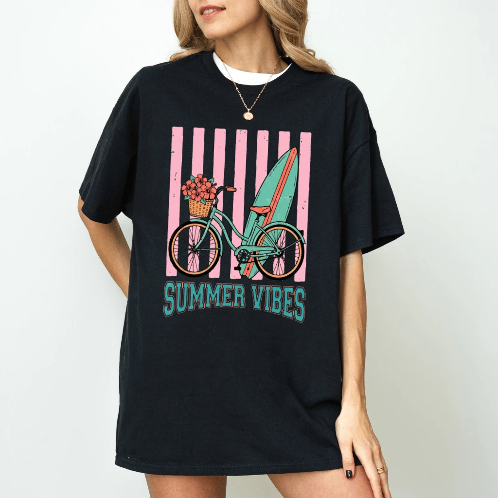 Retro Beach Cruiser Bicycle Surfboard Summer Vibes T-Shirt - Funny Summer Gift for Her - detail view