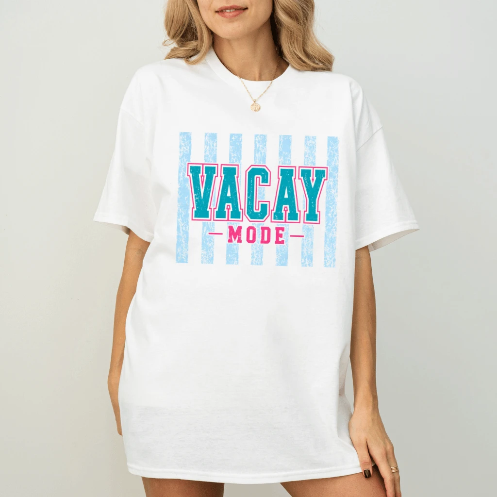 Retro Striped Vacay Mode Summer Vacation T-Shirt - Summer Vibes Gift for Her - back view