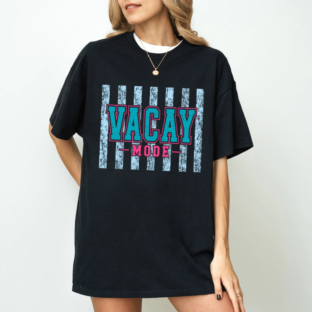 Retro Striped Vacay Mode Summer Vacation T-Shirt - Summer Vibes Gift for Her - detail view