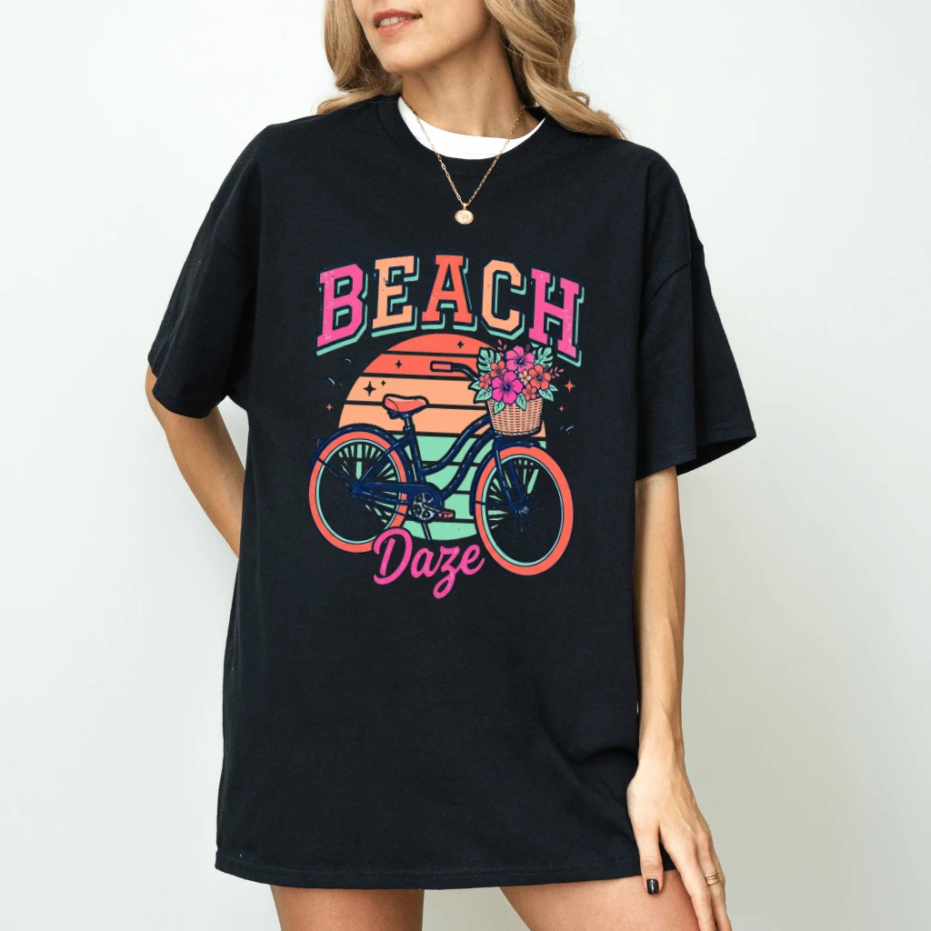 Beach Daze Retro Tropical Beach Vibes T-Shirt - Summer Vacation Gift for Her - detail view